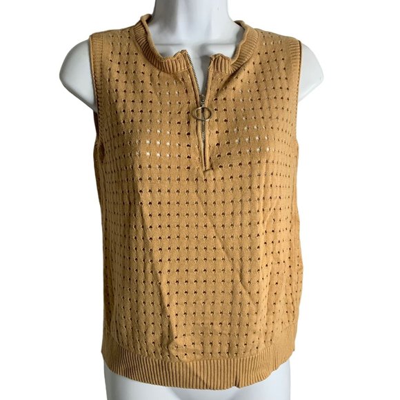 unbranded Tops - Sleeveless Loose Knit Tank Top M Khaki Tan Quarter Zip Pullover Viscose